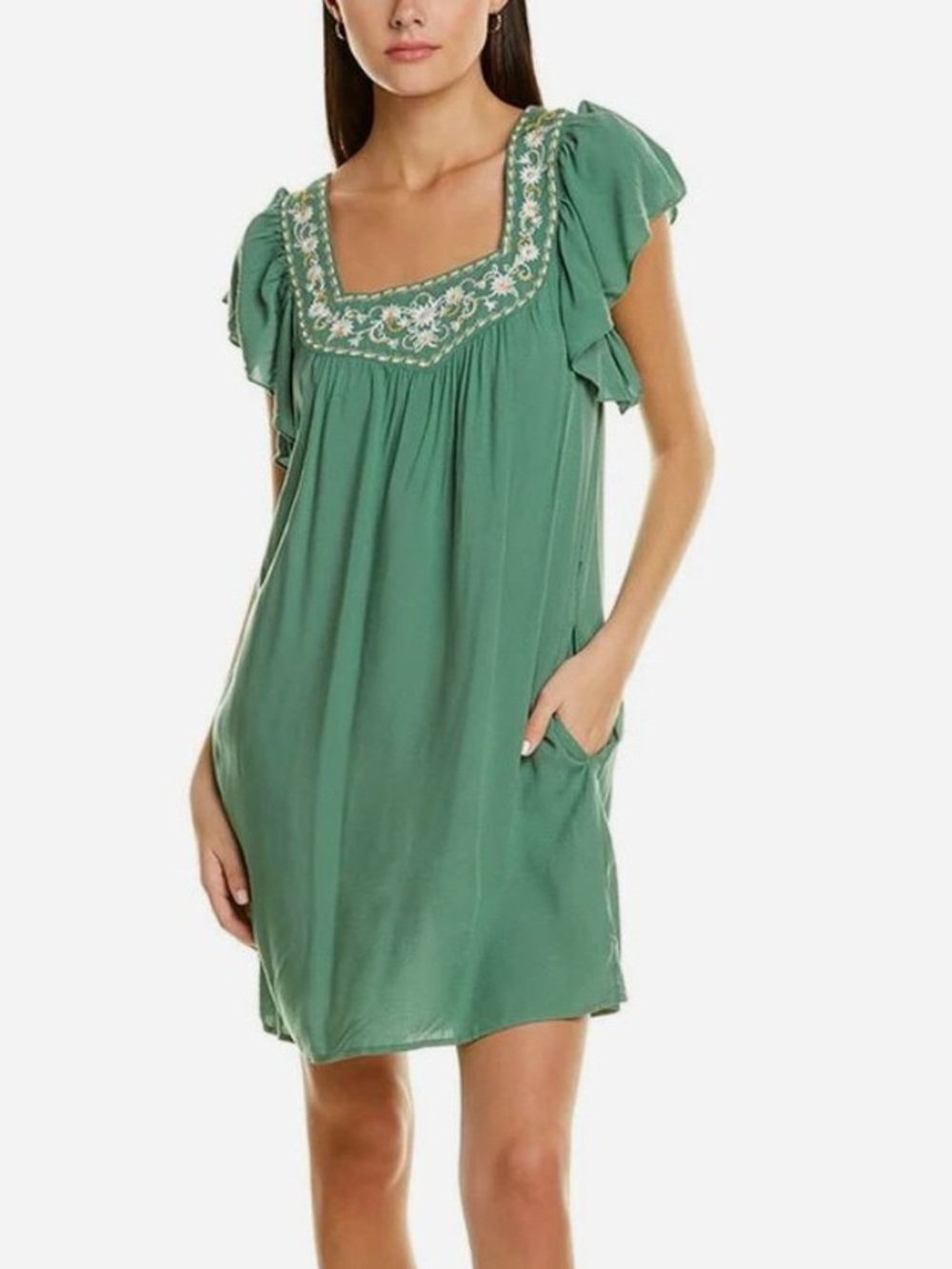 Max Studio Green Embroidered Square Neck Flutter Sleeve Dress